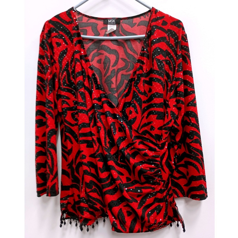 MSK‎ Womens Top 1X Red Faux Wrap Sequin Beaded Animal Print Party Holiday